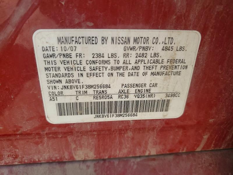 Aukcja sprzedaży 2008 Infiniti G35, vin: JNKBV61F38M256684, numer aukcji: 56871486