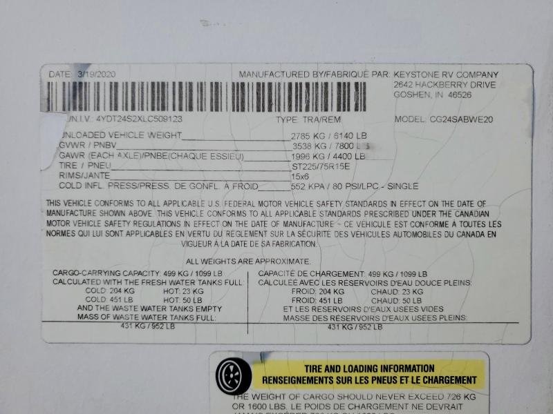 50974856 :رقم المزاد ، 4YDT24S2XLC509123 vin ، 2020 Keystone Cougar 24sabwe مزاد بيع