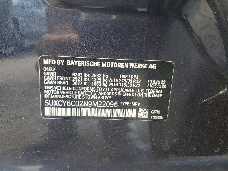 2022 Bmw X6 მანქანა იყიდება აუქციონზე, vin: 5UXCY6C02N9M22096, აუქციონის ნომერი: 85621355