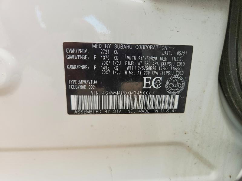 58371476 :رقم المزاد ، 4S4WMAPDXM3450087 vin ، 2021 Subaru Ascent مزاد بيع
