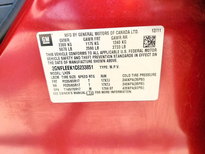 2012 Chevrolet Equinox მანქანა იყიდება აუქციონზე, vin: 2GNFLEEK1C6233851, აუქციონის ნომერი: 56968866