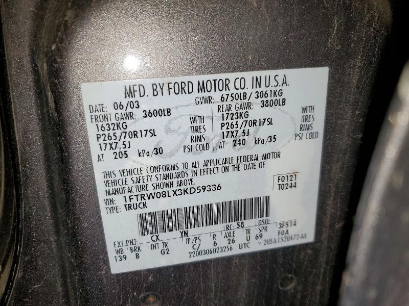 Продажа на аукционе авто 2003 Ford F150 Lariat Supercre, vin: 1FTRW08LX3KD59336, номер лота: 55076036