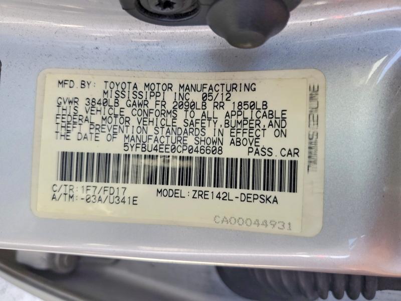 Aukcja sprzedaży 2012 Toyota Corolla, vin: 5YFBU4EE0CP046608, numer aukcji: 57524576