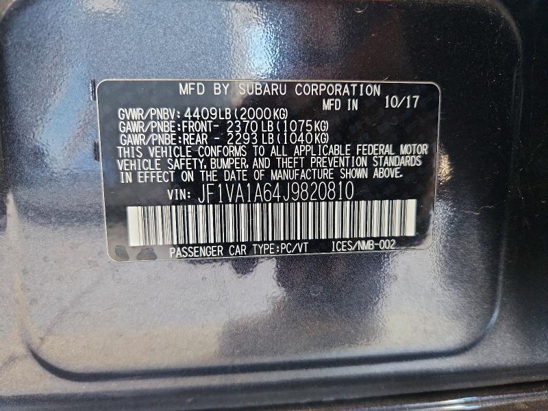Продаж на аукціоні авто 2018 Subaru Wrx, vin: JF1VA1A64J9820810, номер лоту: 85965845