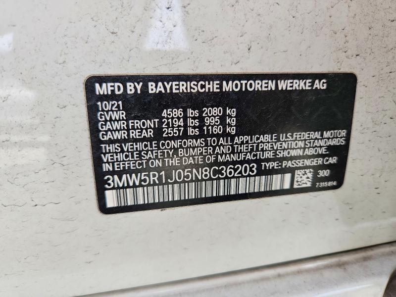 Aukcja sprzedaży 2022 Bmw 330i, vin: 3MW5R1J05N8C36203, numer aukcji: 56165106
