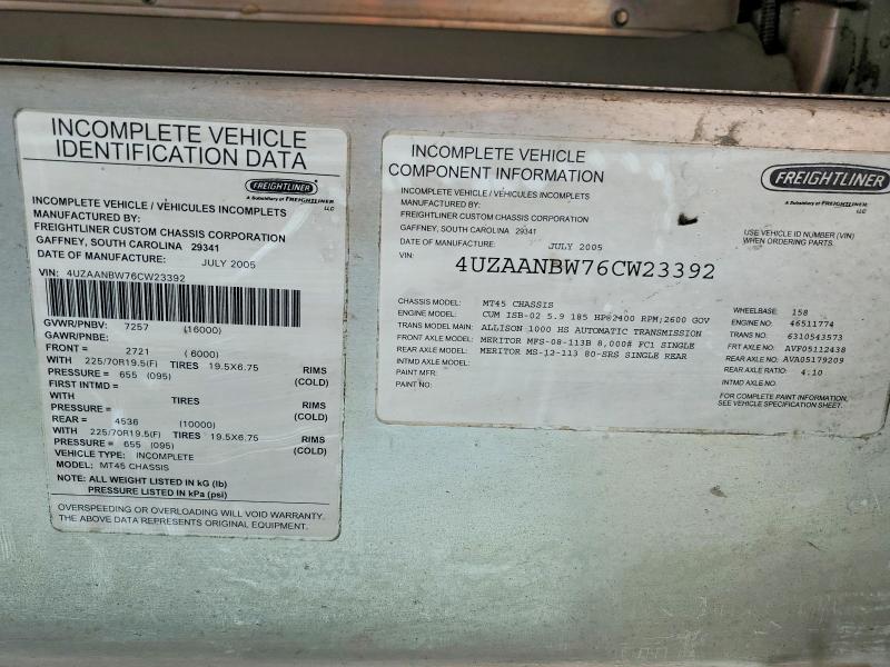57949206 :رقم المزاد ، 4UZAANBW76CW23392 vin ، 2006 Freightliner Chassis مزاد بيع