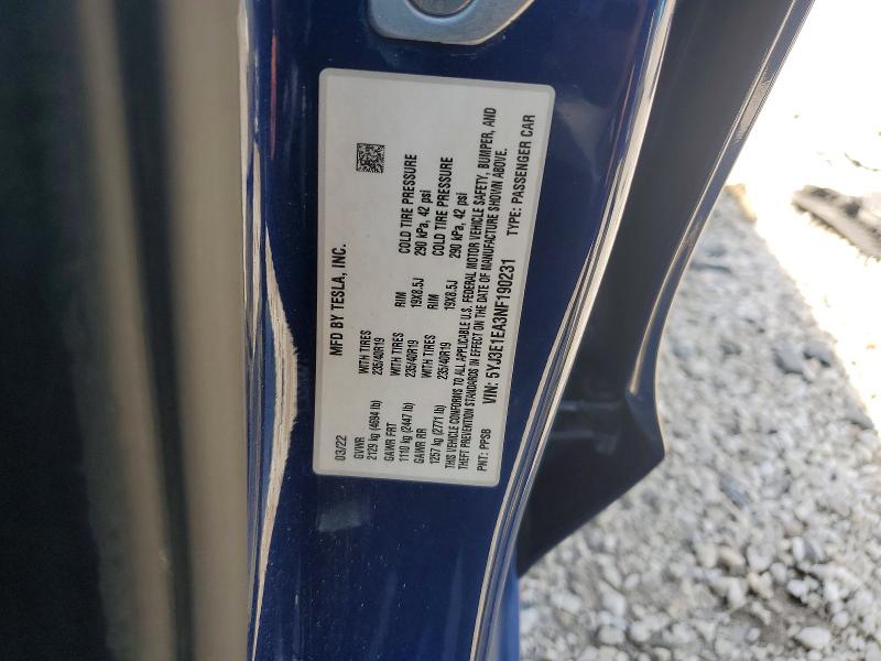 2022 Tesla Model 3 მანქანა იყიდება აუქციონზე, vin: 5YJ3E1EA3NF190231, აუქციონის ნომერი: 58484066