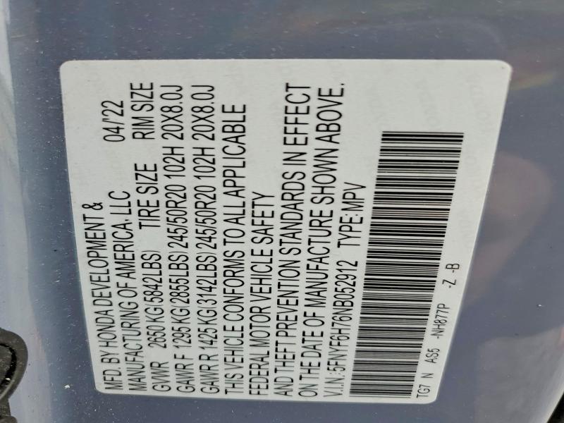 Aukcja sprzedaży 2022 Honda Pilot, vin: 5FNYF6H76NB052912, numer aukcji: 59194406