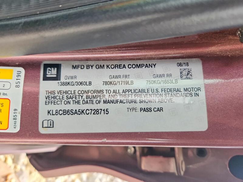 56438496 :رقم المزاد ، KL8CB6SA5KC728715 vin ، 2019 Chevrolet Spark مزاد بيع