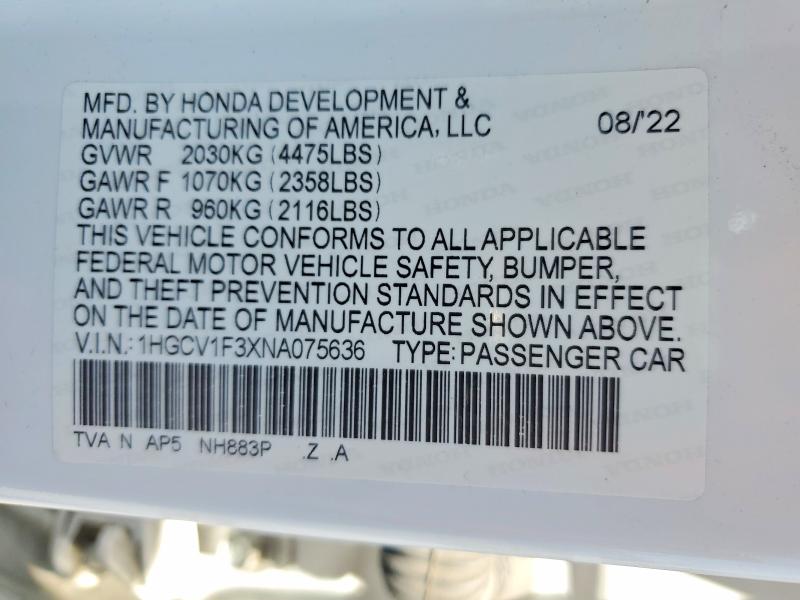 56192136 :رقم المزاد ، 1HGCV1F3XNA075636 vin ، 2022 Honda Accord مزاد بيع