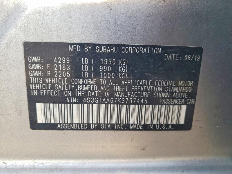 2019 Subaru Impreza მანქანა იყიდება აუქციონზე, vin: 4S3GTAA67K3757445, აუქციონის ნომერი: 58844196