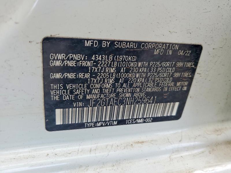 Aukcja sprzedaży 2022 Subaru Crosstrek, vin: JF2GTAEC3NH259641, numer aukcji: 57969586
