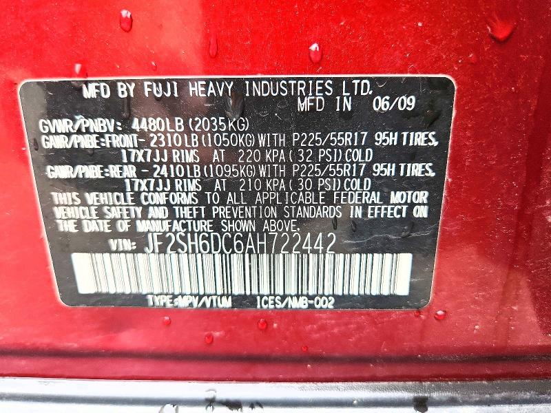 2010 Subaru Forester მანქანა იყიდება აუქციონზე, vin: JF2SH6DC6AH722442, აუქციონის ნომერი: 55094976