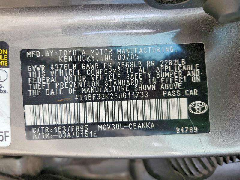 2005 Toyota Camry მანქანა იყიდება აუქციონზე, vin: 4T1BF32K25U611733, აუქციონის ნომერი: 55906066