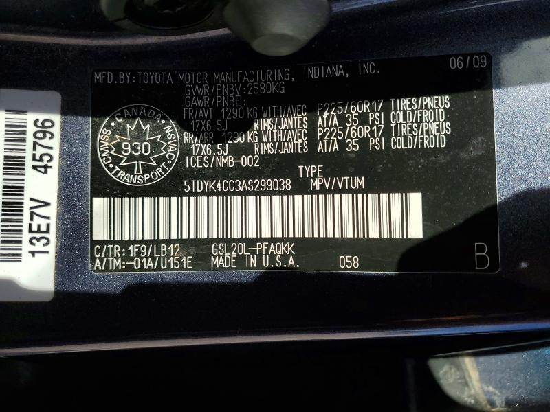 Aukcja sprzedaży 2010 Toyota Sienna, vin: 5TDYK4CC3AS299038, numer aukcji: 58307656