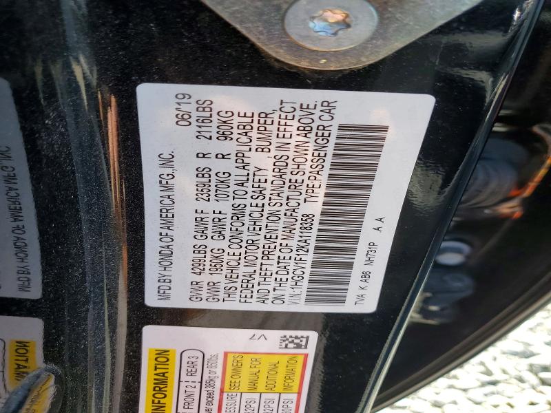 57381336 :رقم المزاد ، 1HGCV1F12KA118358 vin ، 2019 Honda Accord مزاد بيع