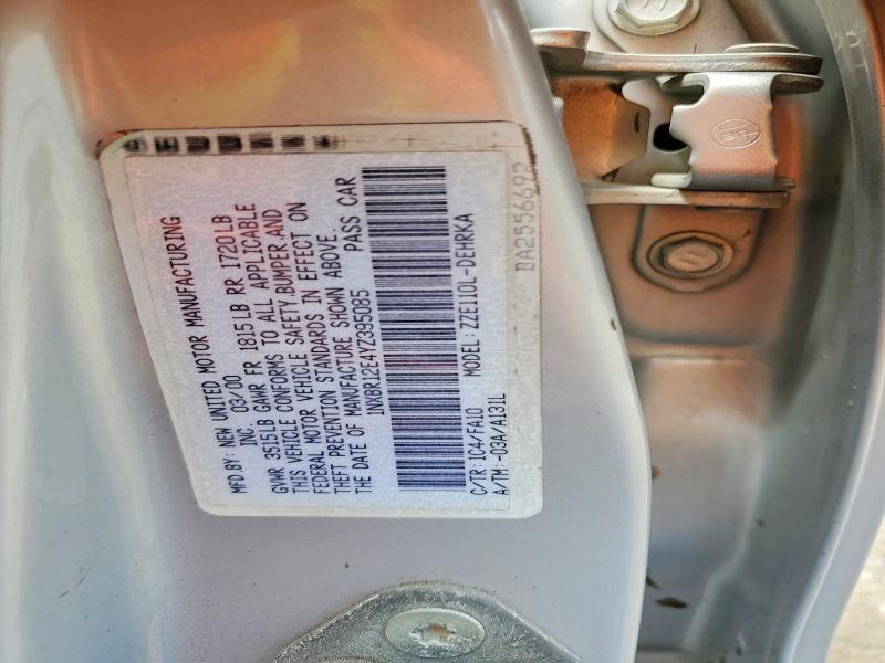 2000 Toyota Corolla მანქანა იყიდება აუქციონზე, vin: 1NXBR12E4YZ395085, აუქციონის ნომერი: 58829216