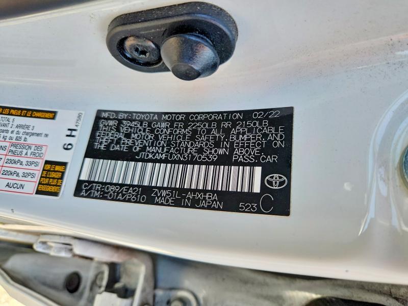 2022 Toyota Prius მანქანა იყიდება აუქციონზე, vin: JTDKAMFUXN3170539, აუქციონის ნომერი: 56290316