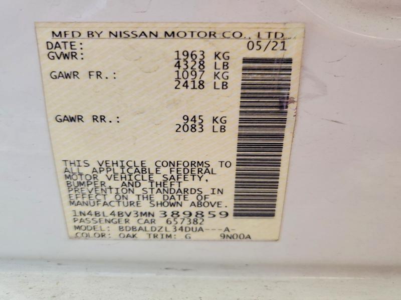 Aukcja sprzedaży 2021 Nissan Altima, vin: 1N4BL4BV3MN389859, numer aukcji: 58731476