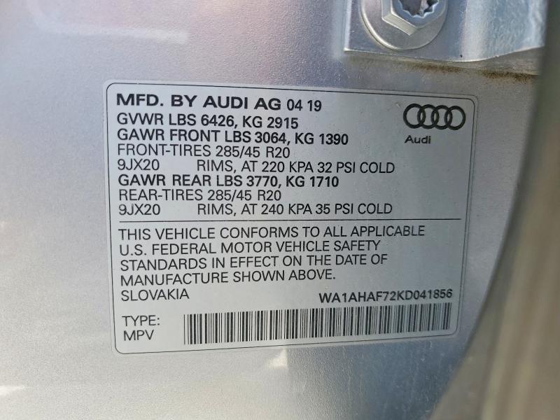 58140886 :رقم المزاد ، WA1AHAF72KD041856 vin ، 2019 Audi Q7 مزاد بيع