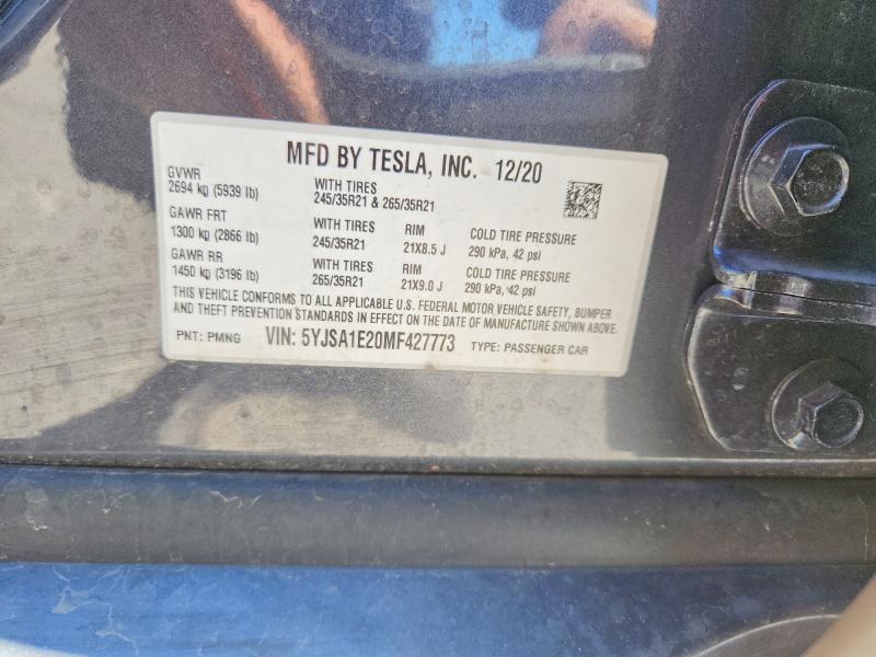 58761086 :رقم المزاد ، 5YJSA1E20MF427773 vin ، 2021 Tesla Model S مزاد بيع