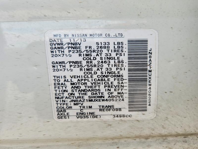 2014 Nissan Murano მანქანა იყიდება აუქციონზე, vin: JN8AZ1MUXEW405224, აუქციონის ნომერი: 55973436