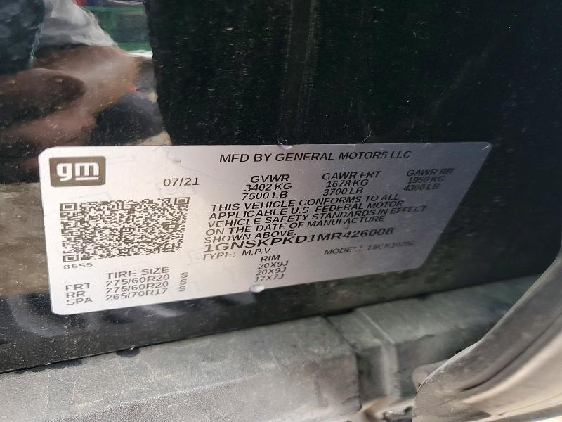 2021 Chevrolet Tahoe მანქანა იყიდება აუქციონზე, vin: 1GNSKPKD1MR426008, აუქციონის ნომერი: 55989096
