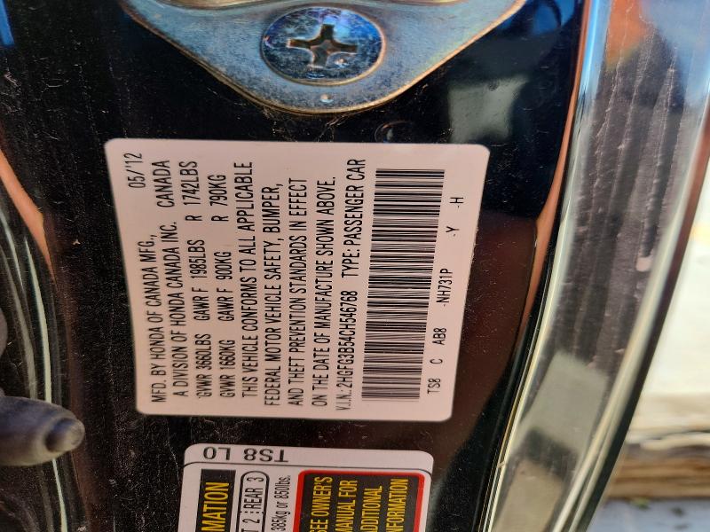 58070236 :رقم المزاد ، 2HGFG3B54CH546768 vin ، 2012 Honda Civic مزاد بيع