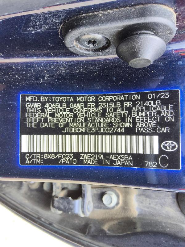 2023 Toyota Corolla Hybrid მანქანა იყიდება აუქციონზე, vin: JTDBCMFE3PJ002744, აუქციონის ნომერი: 56319616