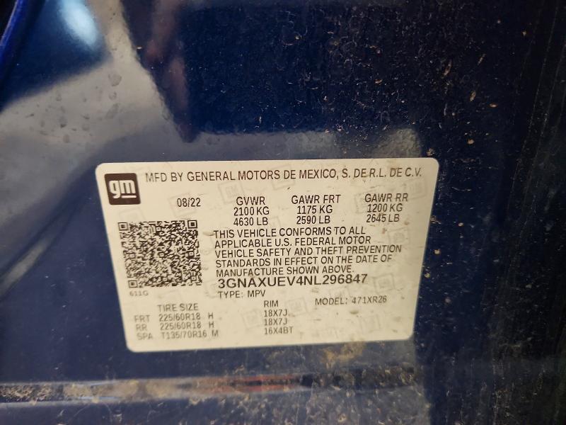 Aukcja sprzedaży 2022 Chevrolet Equinox, vin: 3GNAXUEV4NL296847, numer aukcji: 56659056