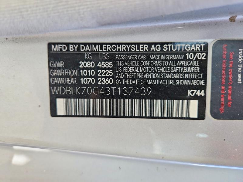 2003 Mercedes-benz Clk მანქანა იყიდება აუქციონზე, vin: WDBLK70G43T137439, აუქციონის ნომერი: 48837996
