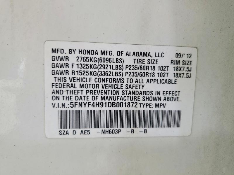 Продаж на аукціоні авто 2013 Honda Pilot, vin: 5FNYF4H91DB001872, номер лоту: 56463476