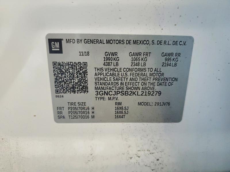 59177416 :رقم المزاد ، 3GNCJPSB2KL219279 vin ، 2019 Chevrolet Trax مزاد بيع