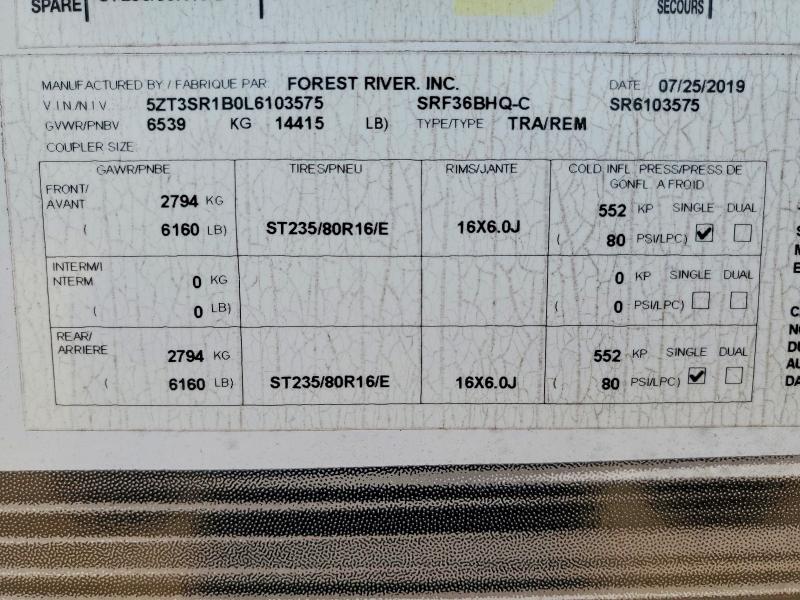 58936106 :رقم المزاد ، 5ZT3SR1B0L6103575 vin ، 2020 Sabre By Forest Rive Recreational Vehicle (rv) مزاد بيع