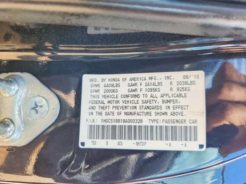 2011 Honda Accord მანქანა იყიდება აუქციონზე, vin: 1HGCS1B81BA000328, აუქციონის ნომერი: 58469896
