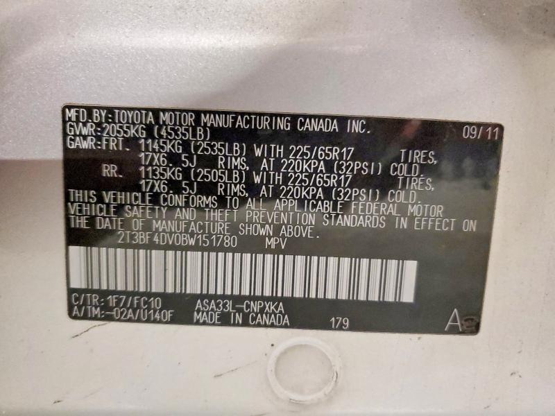 Aukcja sprzedaży 2011 Toyota Rav4, vin: 2T3BF4DV0BW151780, numer aukcji: 58309466