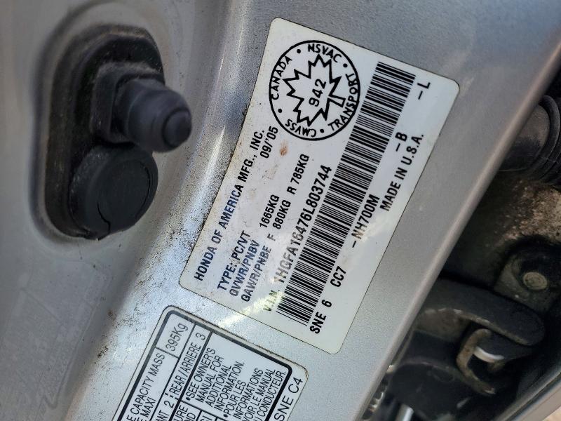 2006 Honda Civic მანქანა იყიდება აუქციონზე, vin: 1HGFA16476L803744, აუქციონის ნომერი: 56948966