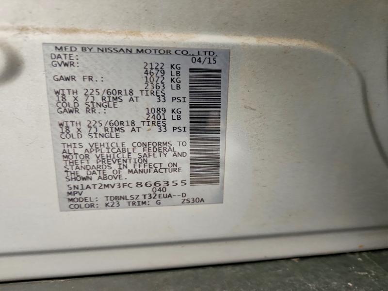 2015 Nissan Rogue მანქანა იყიდება აუქციონზე, vin: 5N1AT2MV3FC866355, აუქციონის ნომერი: 57860436