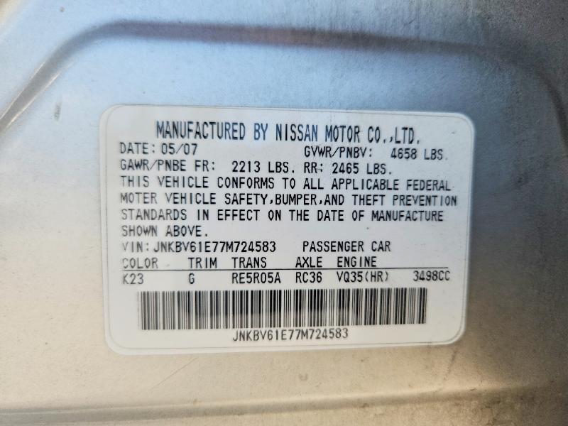 57229736 :رقم المزاد ، JNKBV61E77M724583 vin ، 2007 Infiniti G35 مزاد بيع