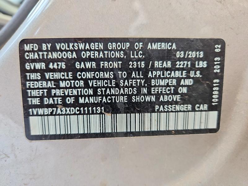 Продажа на аукционе авто 2013 Volkswagen Passat, vin: 1VWBP7A3XDC111131, номер лота: 57889136
