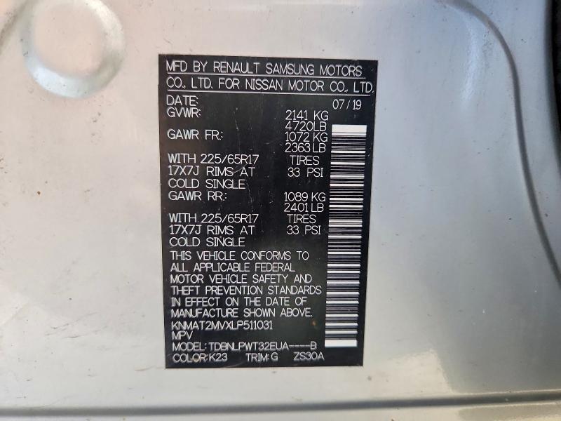 56995116 :رقم المزاد ، KNMAT2MVXLP511031 vin ، 2020 Nissan Rogue مزاد بيع