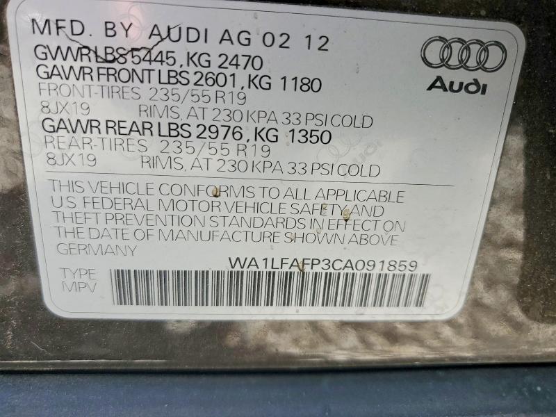 Продаж на аукціоні авто 2012 Audi Q5, vin: WA1LFAFP3CA091859, номер лоту: 56544456