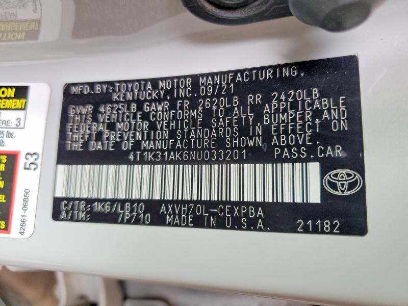 56068196 :رقم المزاد ، 4T1K31AK6NU033201 vin ، 2022 Toyota Camry مزاد بيع