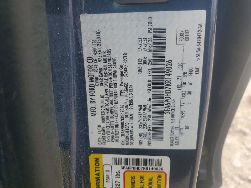 2019 Ford Fusion მანქანა იყიდება აუქციონზე, vin: 3FA6P0HD7KR149026, აუქციონის ნომერი: 56112296