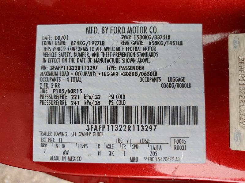 Auction sale of the 2002 Ford Escort, vin: 3FAFP11322R113297, lot number: 59193166