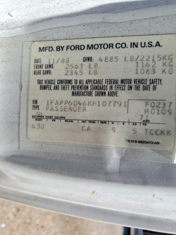 58243686 :رقم المزاد ، 1FAPP6046KH107791 vin ، 1989 Ford Thunderbird مزاد بيع
