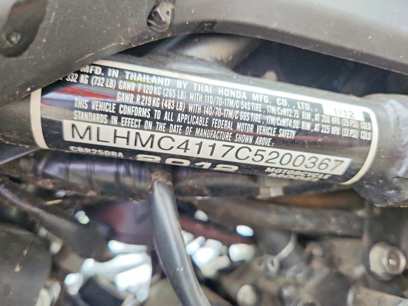 Aukcja sprzedaży 2012 Honda Cbx250, vin: MLHMC4117C5200367, numer aukcji: 58039066