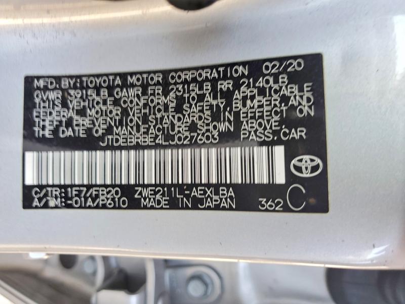 2020 Toyota Corolla მანქანა იყიდება აუქციონზე, vin: JTDEBRBE4LJ027603, აუქციონის ნომერი: 57345616