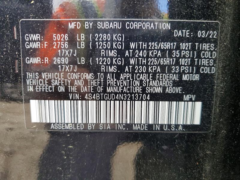 2022 Subaru Outback მანქანა იყიდება აუქციონზე, vin: 4S4BTGUD4N3213704, აუქციონის ნომერი: 56979456