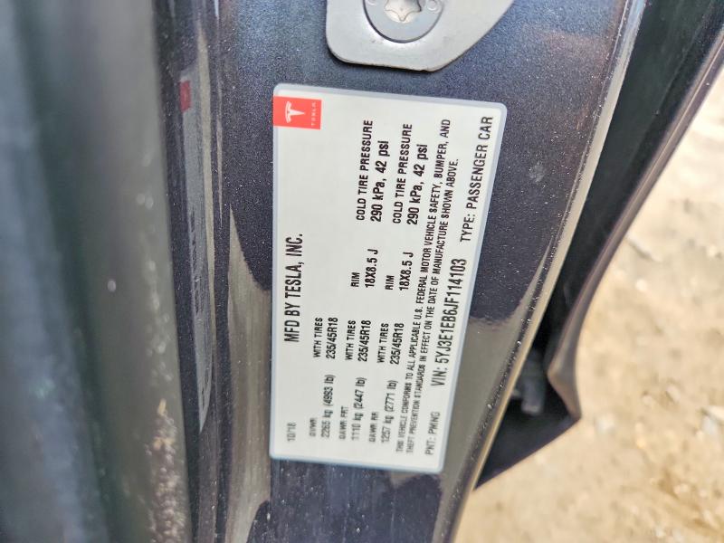 2018 Tesla Model 3 მანქანა იყიდება აუქციონზე, vin: 5YJ3E1EB6JF114103, აუქციონის ნომერი: 56464976